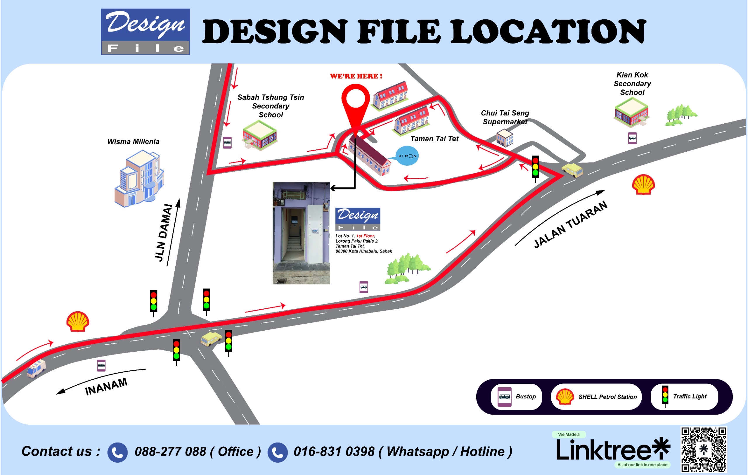 Directions to Design File at Taman Tai Tet, showing routes from Jalan Damai and Jalan Tuaran, nearby Sabah Tshung Tsin Secondary School, Chui Tai Seng Supermarket and Kian Kok Secondary School